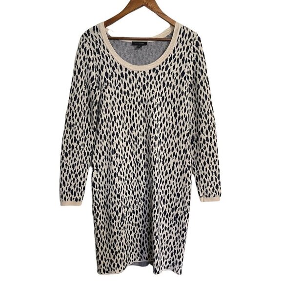Ann Taylor Womens Black Beige Wool Blend Leopard Long Sleeve Sweater Dress Small - Picture 1 of 5